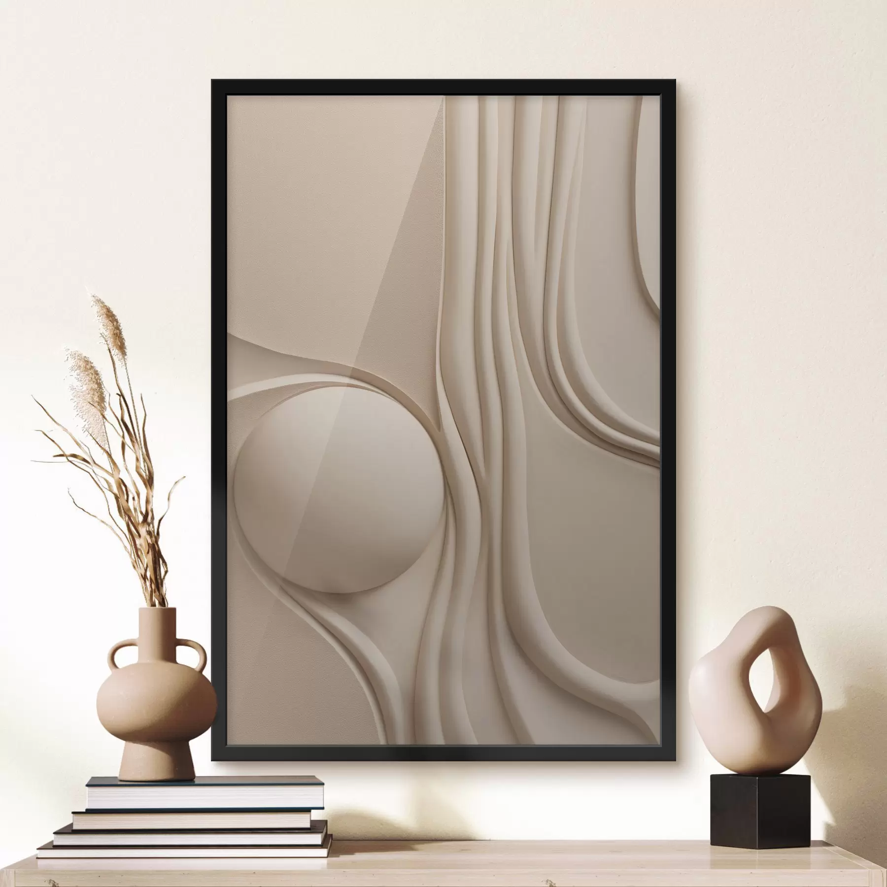 Papier peint Une œuvre d'art abstraite beige, texturée, composée de lignes fluides et d'une sphère f49776