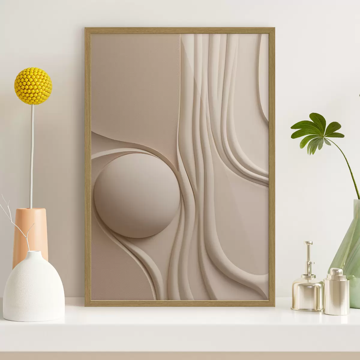 Poster Une œuvre d'art abstraite beige, texturée, composée de lignes fluides et d'une sphère f49776