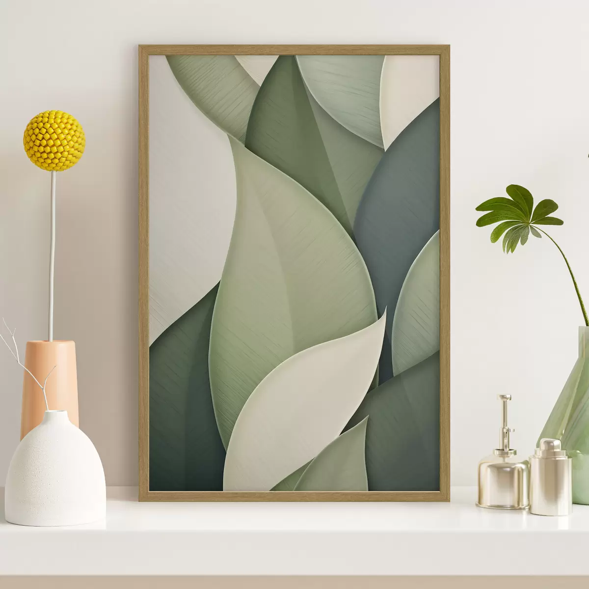 Poster Œuvre d'art abstrait composée de formes organiques vertes et crème qui se chevauchent f49778