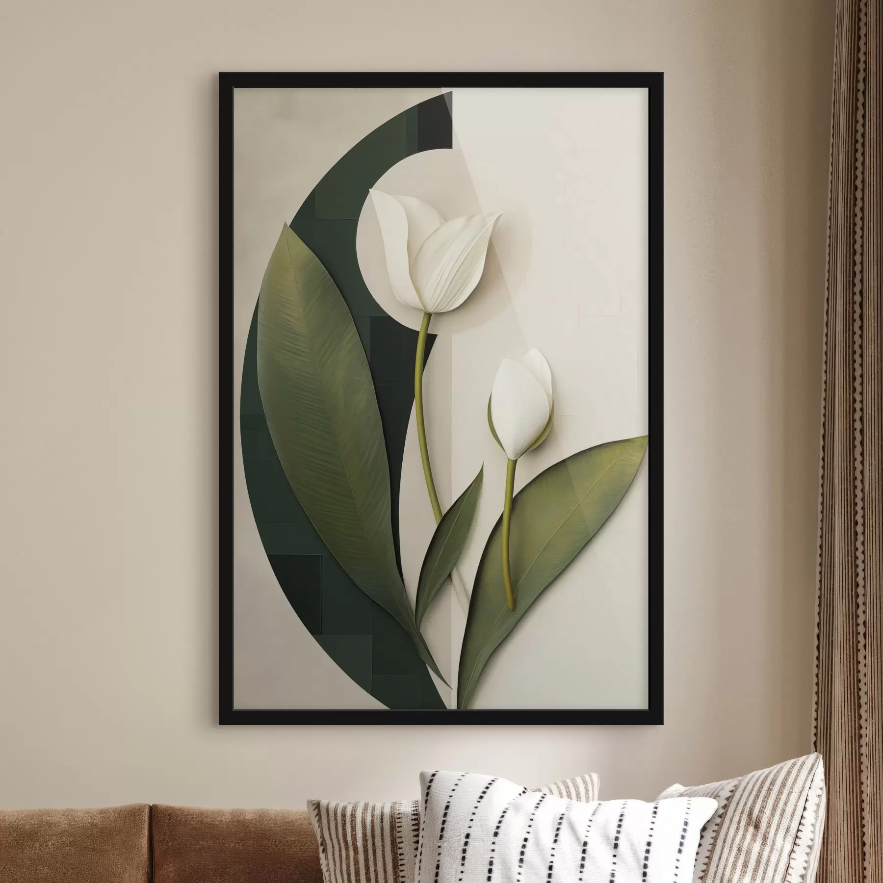 Papier peint Tulipes blanches avec des feuilles et des tiges vertes, art abstrait f49779