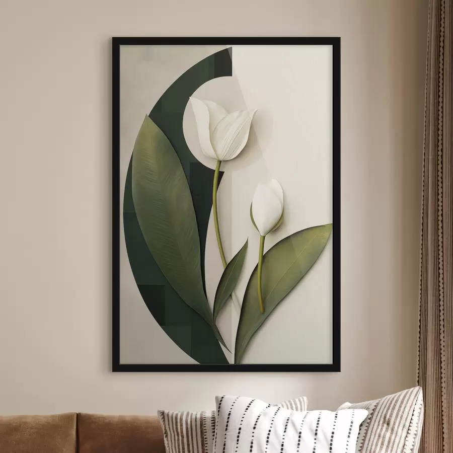 Papier peint Tulipes blanches avec des feuilles et des tiges vertes, art abstrait f49779