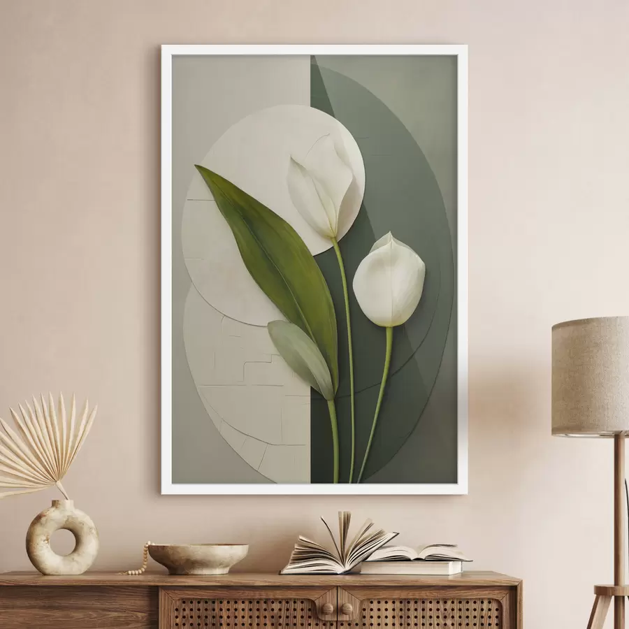 Papier peint Tulipes blanches avec des feuilles et des tiges vertes, art abstrait f49780