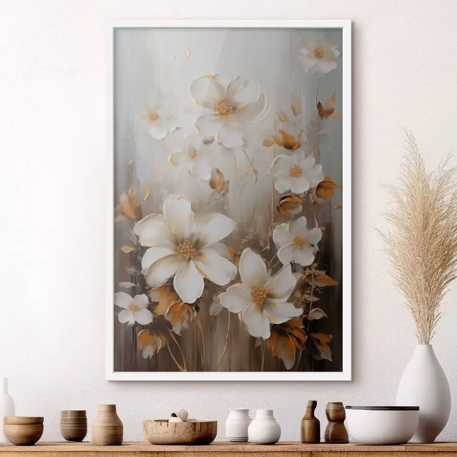 Papier peint Fleurs blanches aux pétales texturés et aux touches jaunes, sur fond abstrait f49781