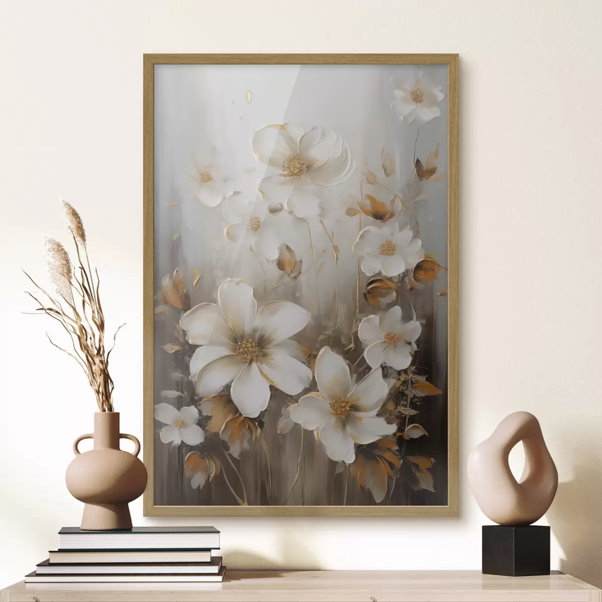Poster Fleurs blanches aux pétales texturés et aux touches jaunes, sur fond abstrait f49781