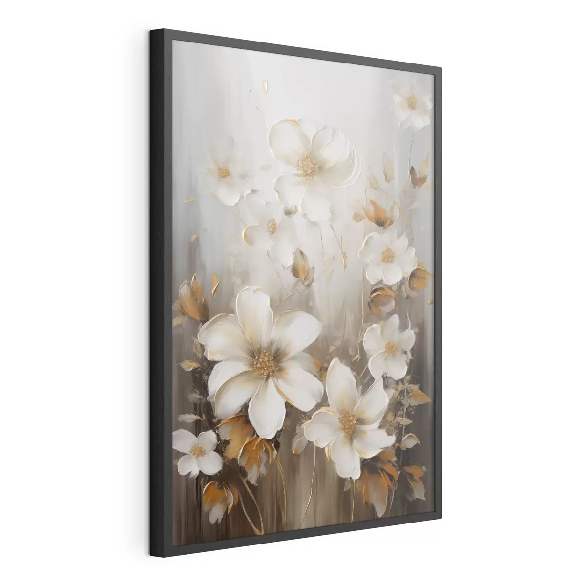 Poster Fleurs blanches aux pétales texturés et aux touches jaunes, sur fond abstrait f49781