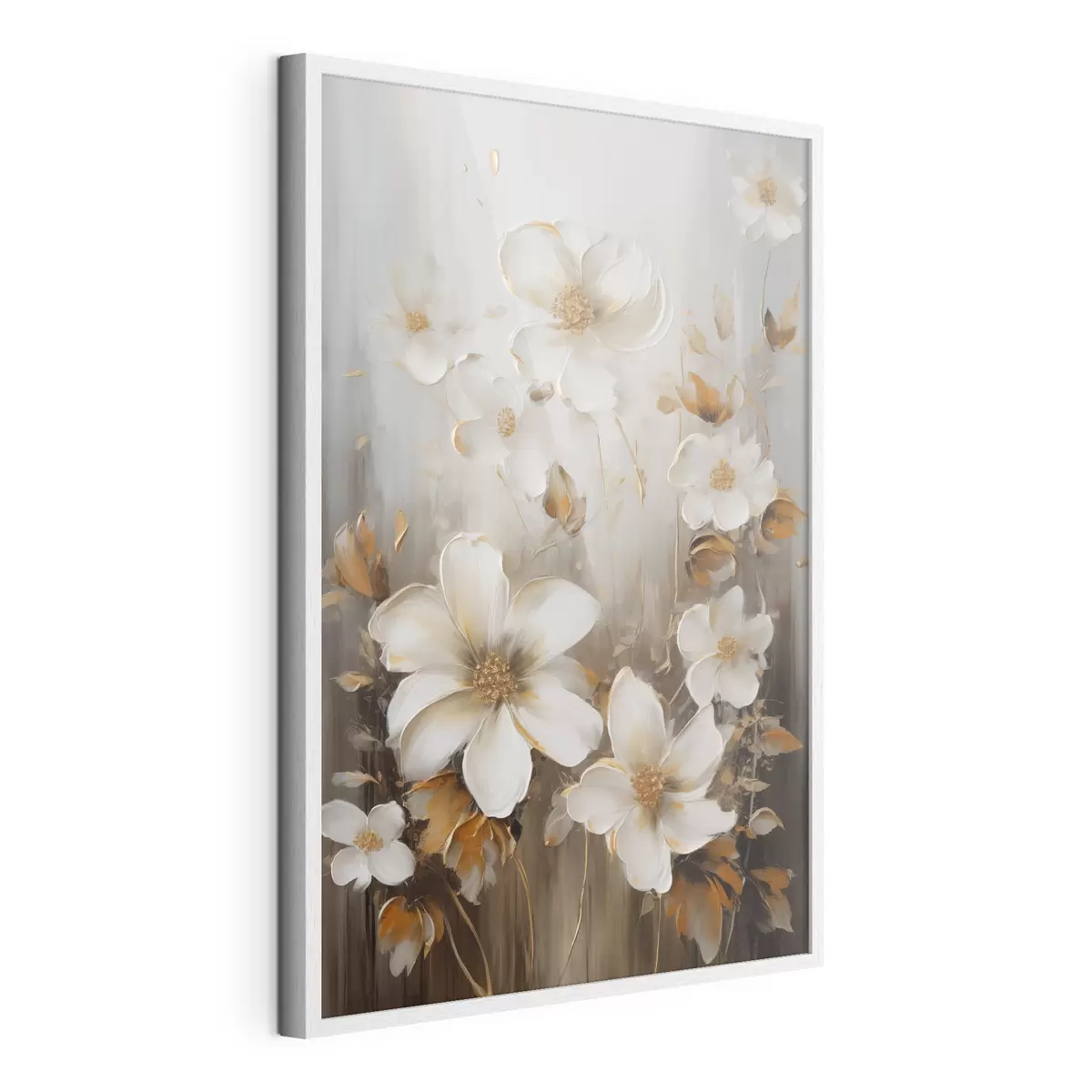 Poster Fleurs blanches aux pétales texturés et aux touches jaunes, sur fond abstrait f49781