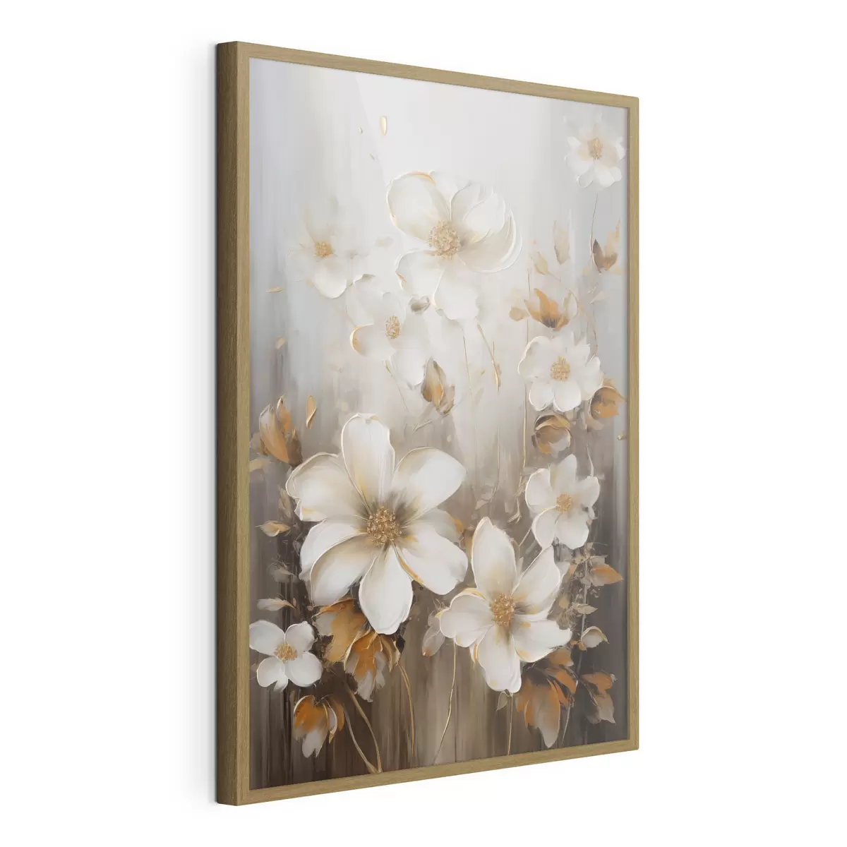 Poster Fleurs blanches aux pétales texturés et aux touches jaunes, sur fond abstrait f49781