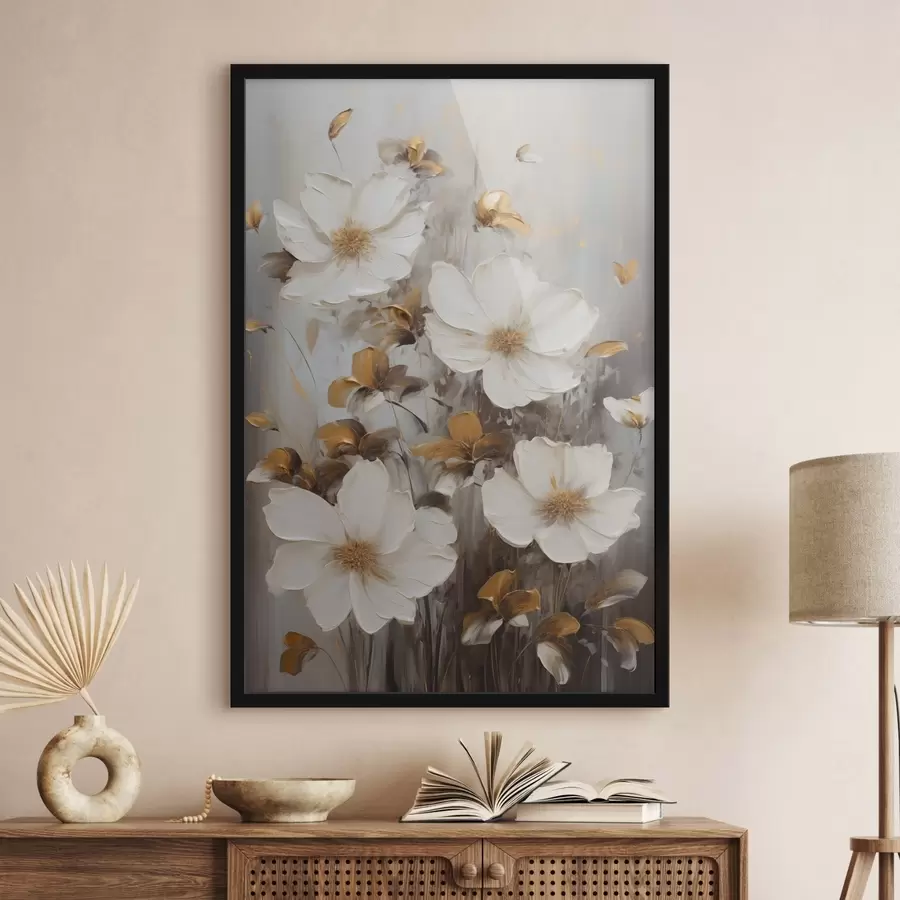 Papier peint Fleurs blanches aux pétales texturés et aux touches jaunes, sur fond abstrait f49782
