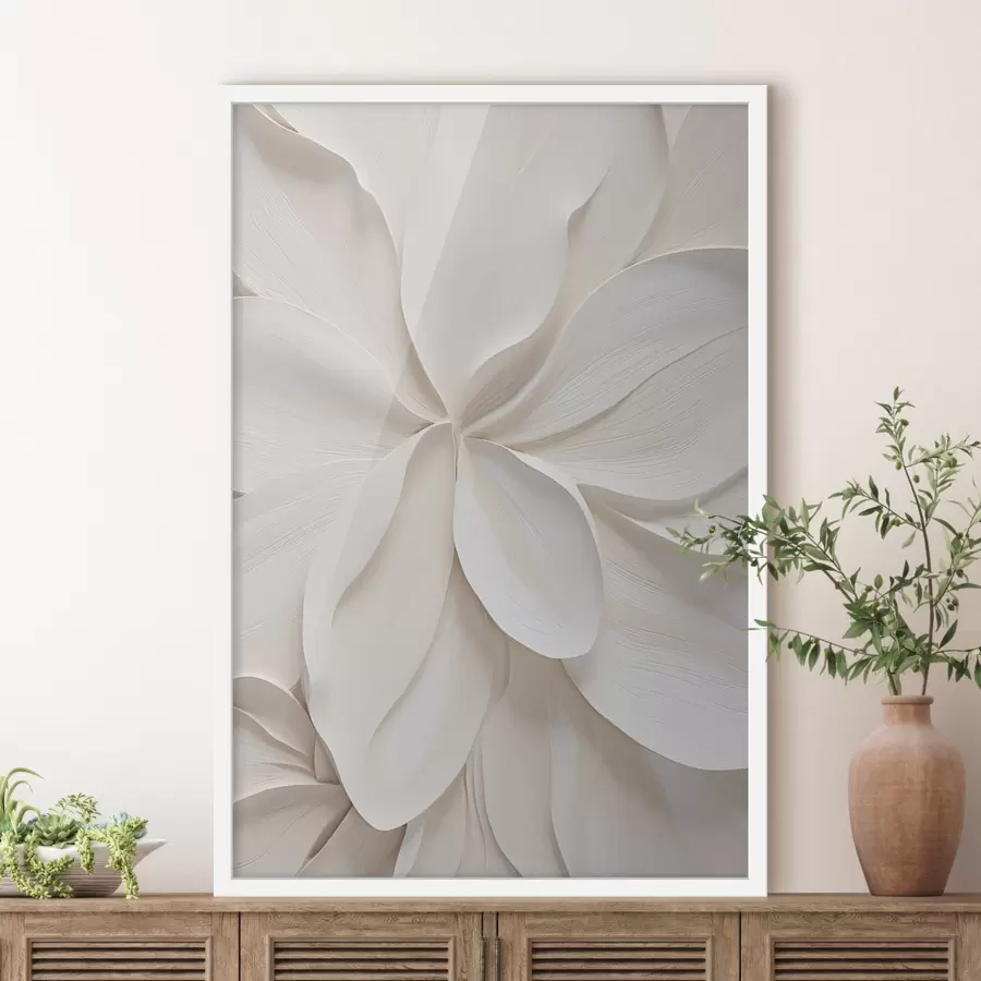 Papier peint Fleur abstraite, de grande taille, d'un blanc crème, aux pétales délicats et superposés f49791