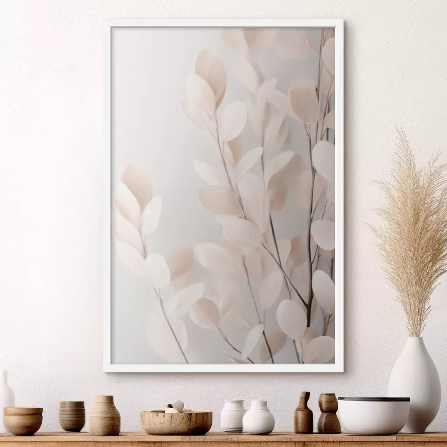 Papier peint Des feuilles d'eucalyptus beige pâle sur un fond clair et texturé f49794