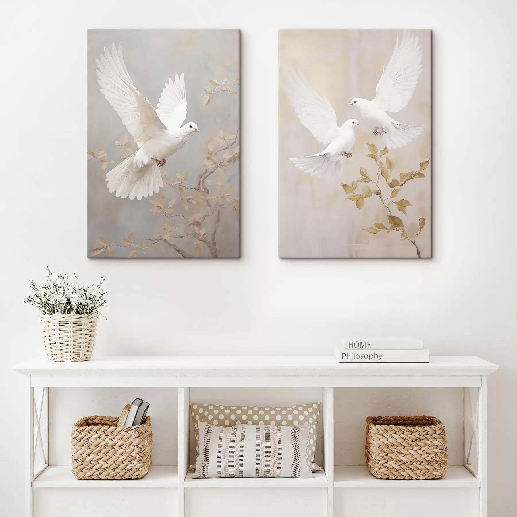 Tableau Des oiseaux blancs près d'une branche aux feuilles brun clair, sur un fond aux tons discrets m30677