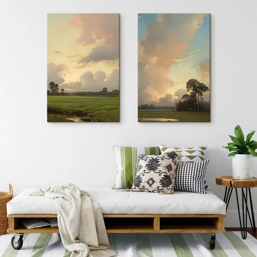 Tableau Un paysage représentant un champ herbeux avec des arbres au loin, sous un ciel nuageux m30682