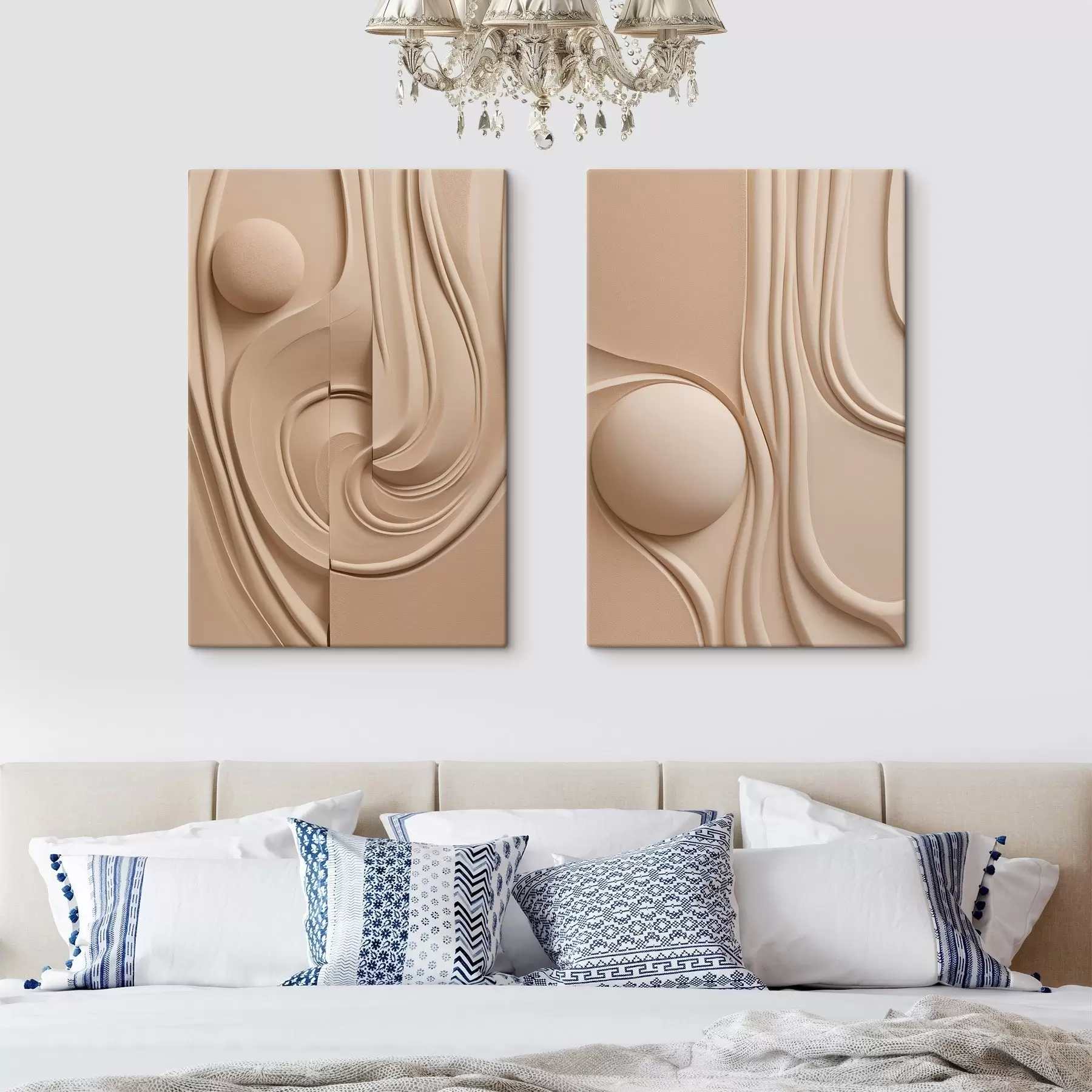 Tableau Une œuvre d'art abstraite beige, texturée, composée de lignes fluides et d'une sphère m30683