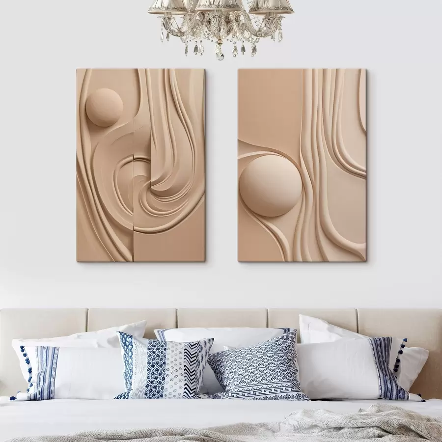 Tableau Une œuvre d'art abstraite beige, texturée, composée de lignes fluides et d'une sphère m30683