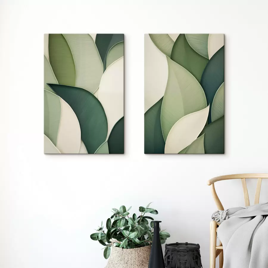 Tableau Œuvre d'art abstrait composée de formes organiques vertes et crème qui se chevauchent m30684