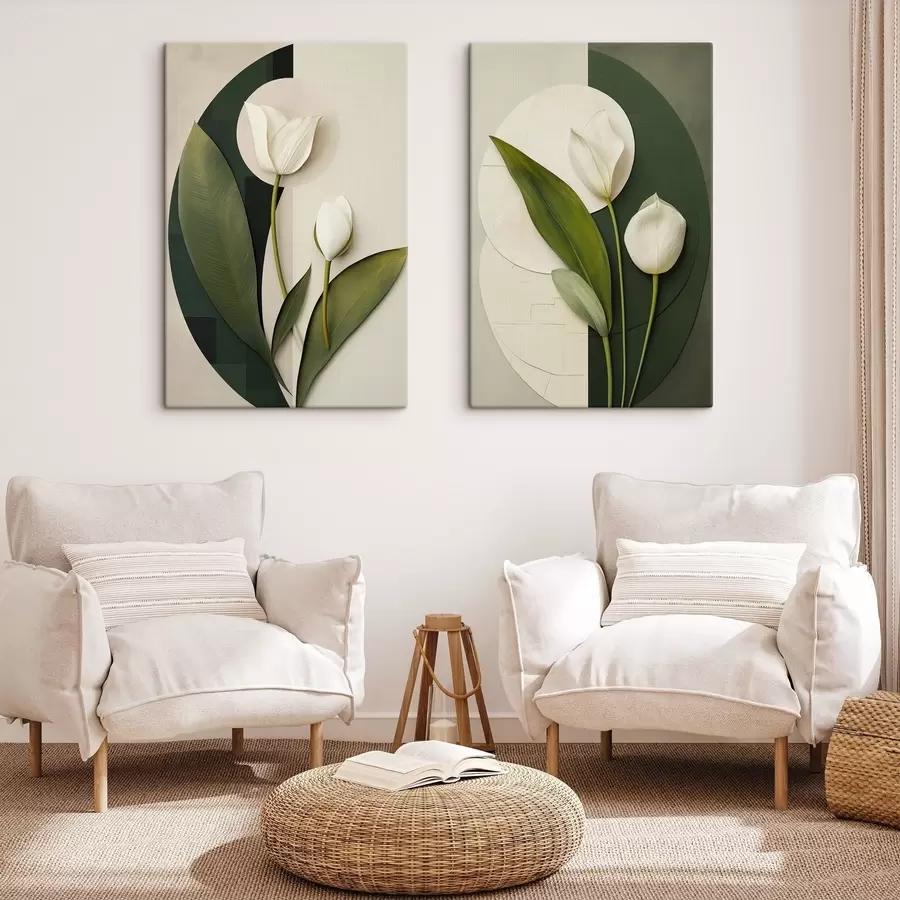 Tableau Tulipes blanches avec des feuilles et des tiges vertes, art abstrait m30685