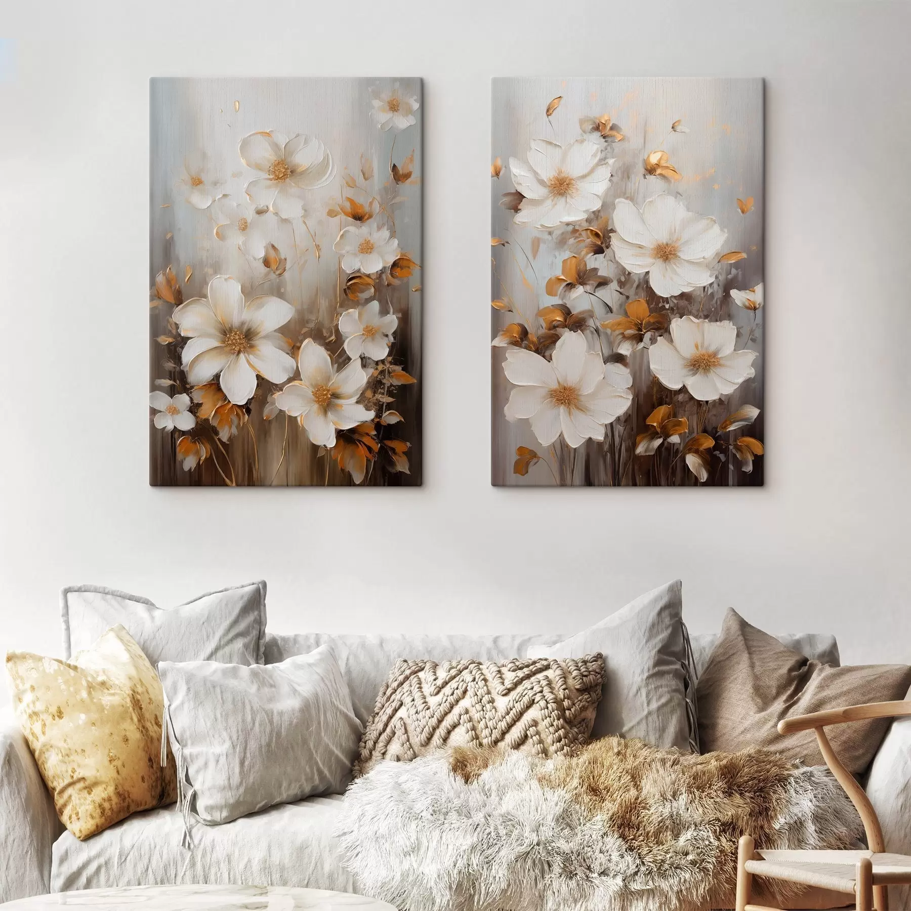Tableau Fleurs blanches aux pétales texturés et aux touches jaunes, sur fond abstrait m30686