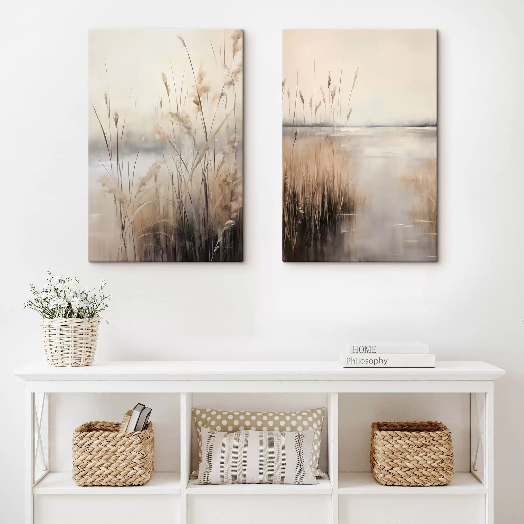 Tableau De grands roseaux et herbes secs, dans des tons beiges et bruns discrets m30693