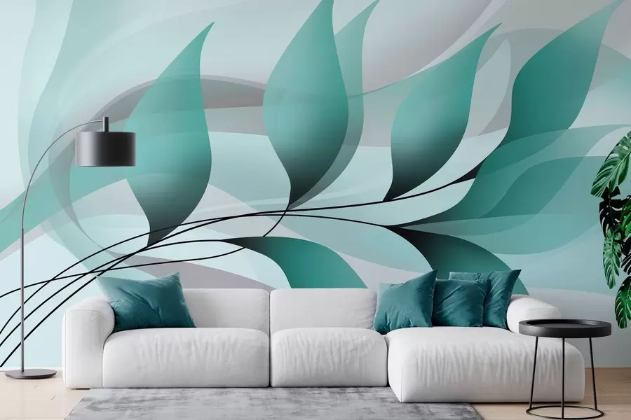 Papier peint une branche élégante aux feuilles turquoise  w05660v1
