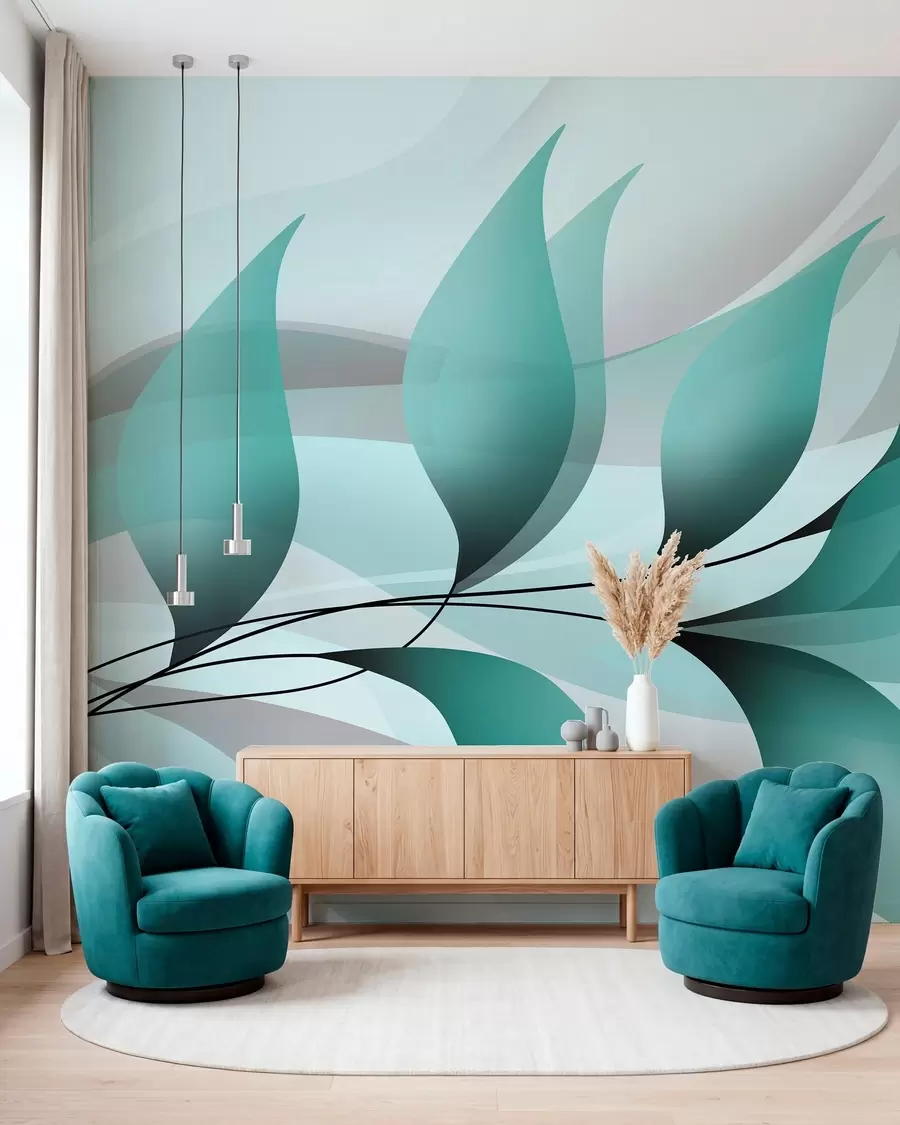 Papier peint une branche élégante aux feuilles turquoise  w05660v1