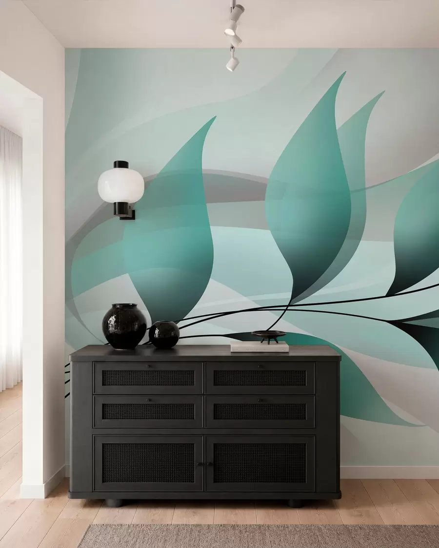 Papier peint une branche élégante aux feuilles turquoise  w05660v1