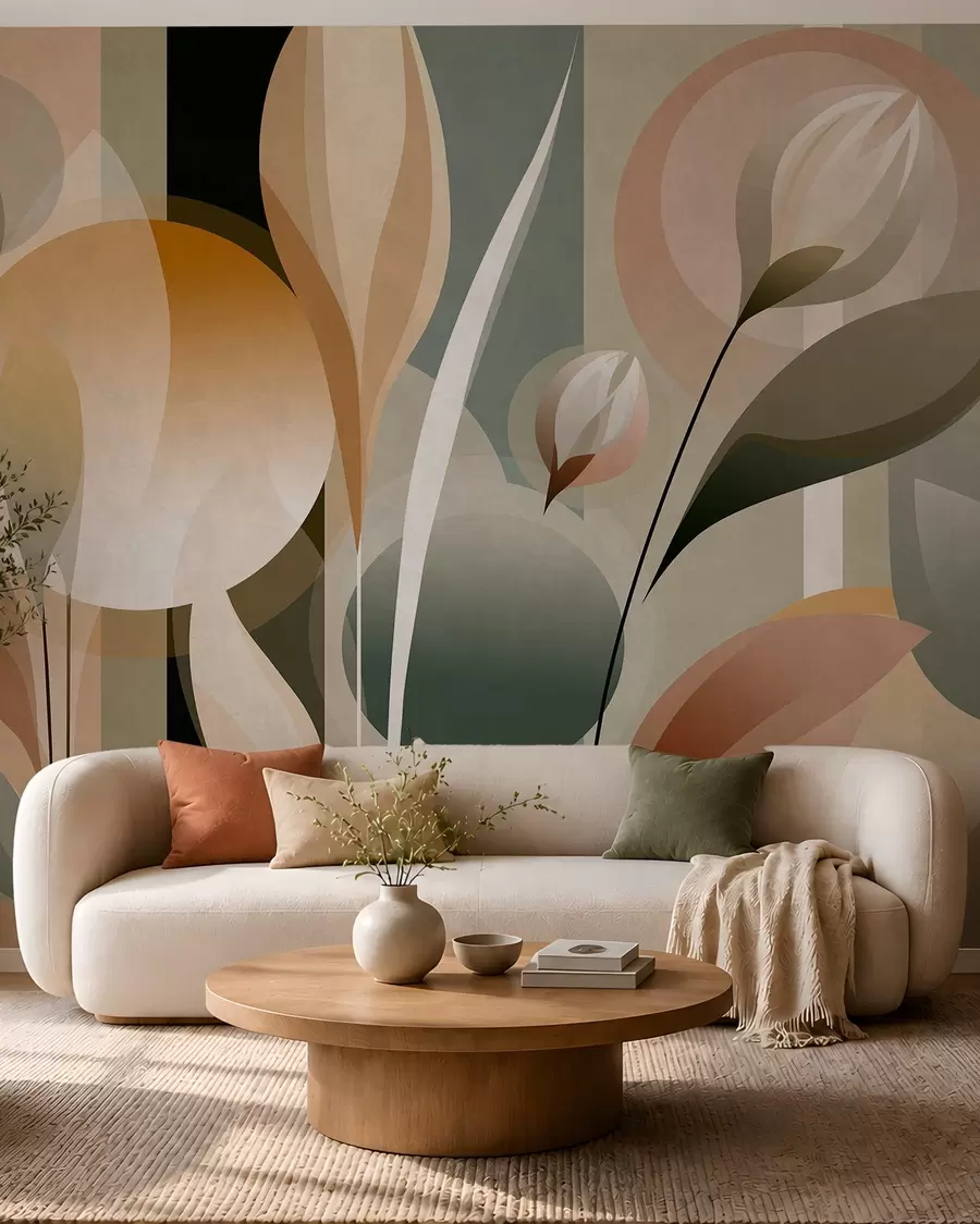 Papier peint une abstraction stylisée représentant des plantes aux couleurs naturelles w05750