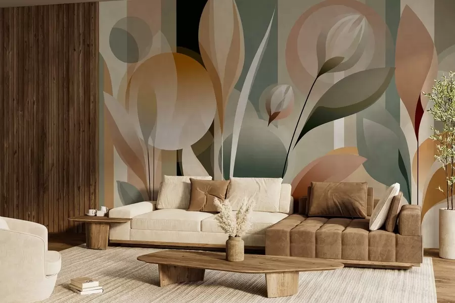Papier peint une abstraction stylisée représentant des plantes aux couleurs naturelles w05750