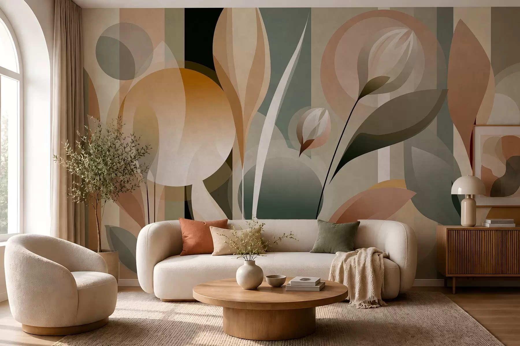 Papier peint une abstraction stylisée représentant des plantes aux couleurs naturelles w05750