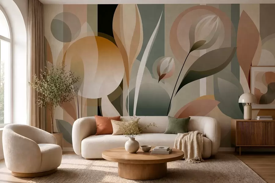 Papier peint une abstraction stylisée représentant des plantes aux couleurs naturelles w05750