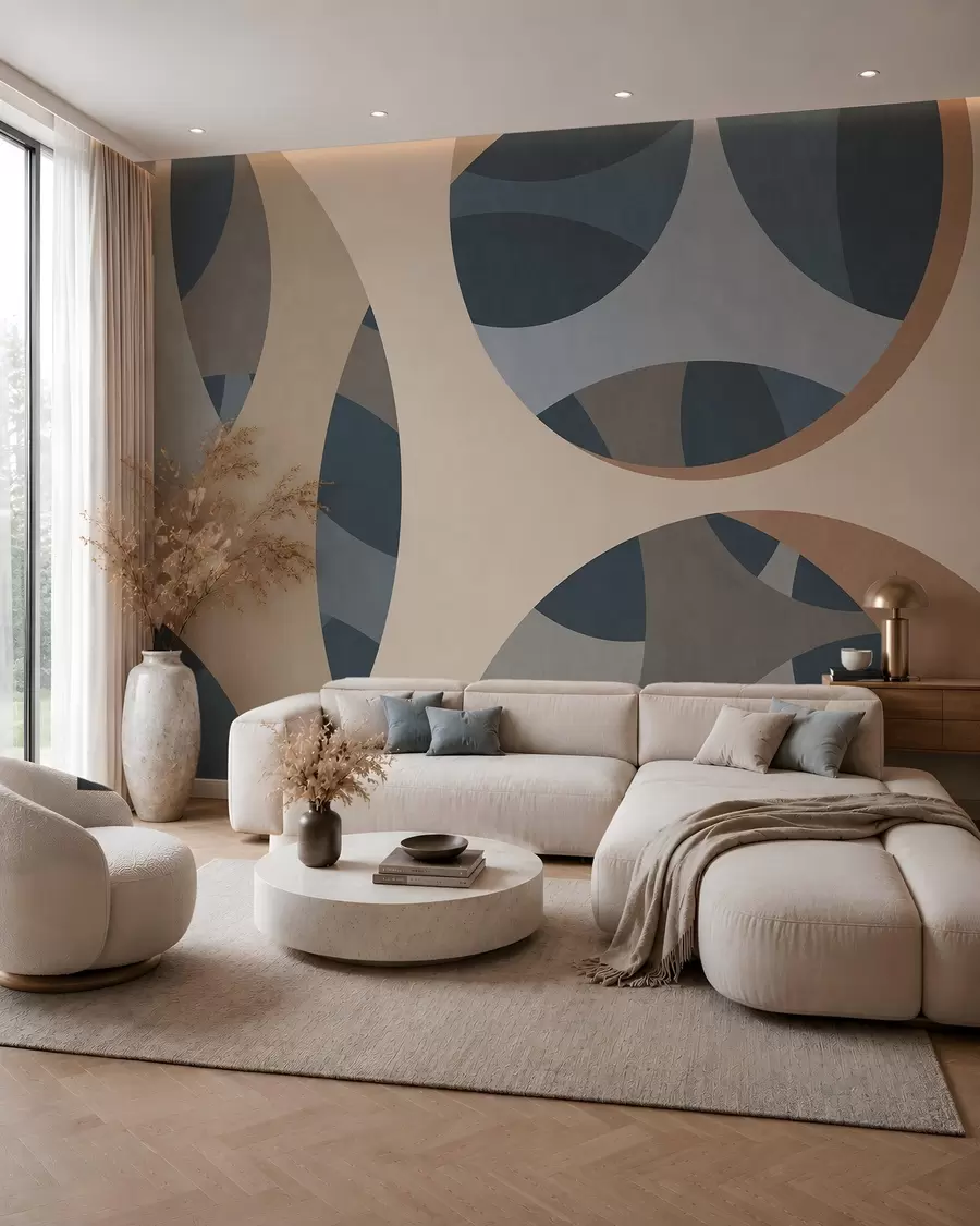Papier peint abstraction texturale contemporaine dans des tons de bleu et de beige w05751