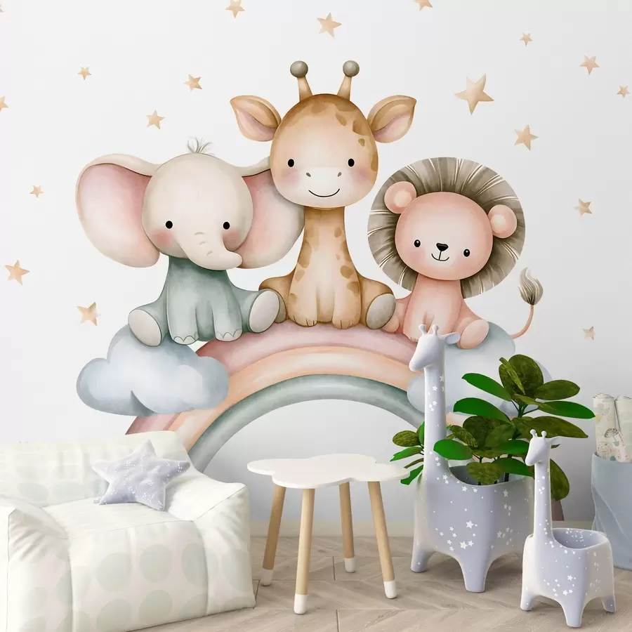 Papier peint un arc-en-ciel avec des animaux parmi les étoiles, dans un style aquarelle w05752