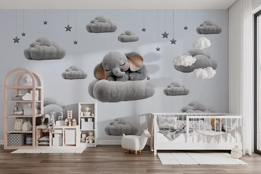 Papier peint un adorable petit éléphant en 3D, endormi au milieu de nuages duveteux w05754