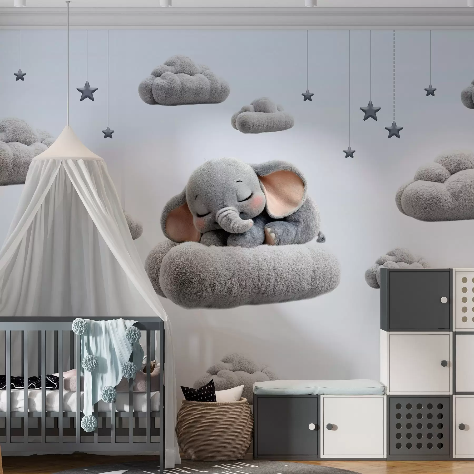 Papier peint un adorable petit éléphant en 3D, endormi au milieu de nuages duveteux w05754