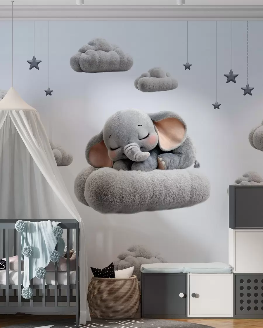 Papier peint un adorable petit éléphant en 3D, endormi au milieu de nuages duveteux w05754