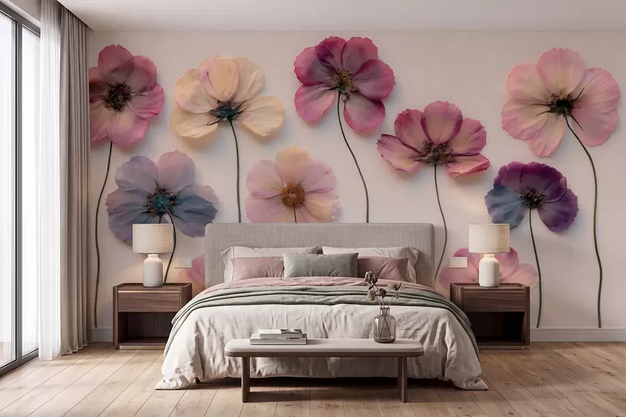 Papier peint Composition d'herbier avec effet de fleurs pressées et texture en 3D w09911