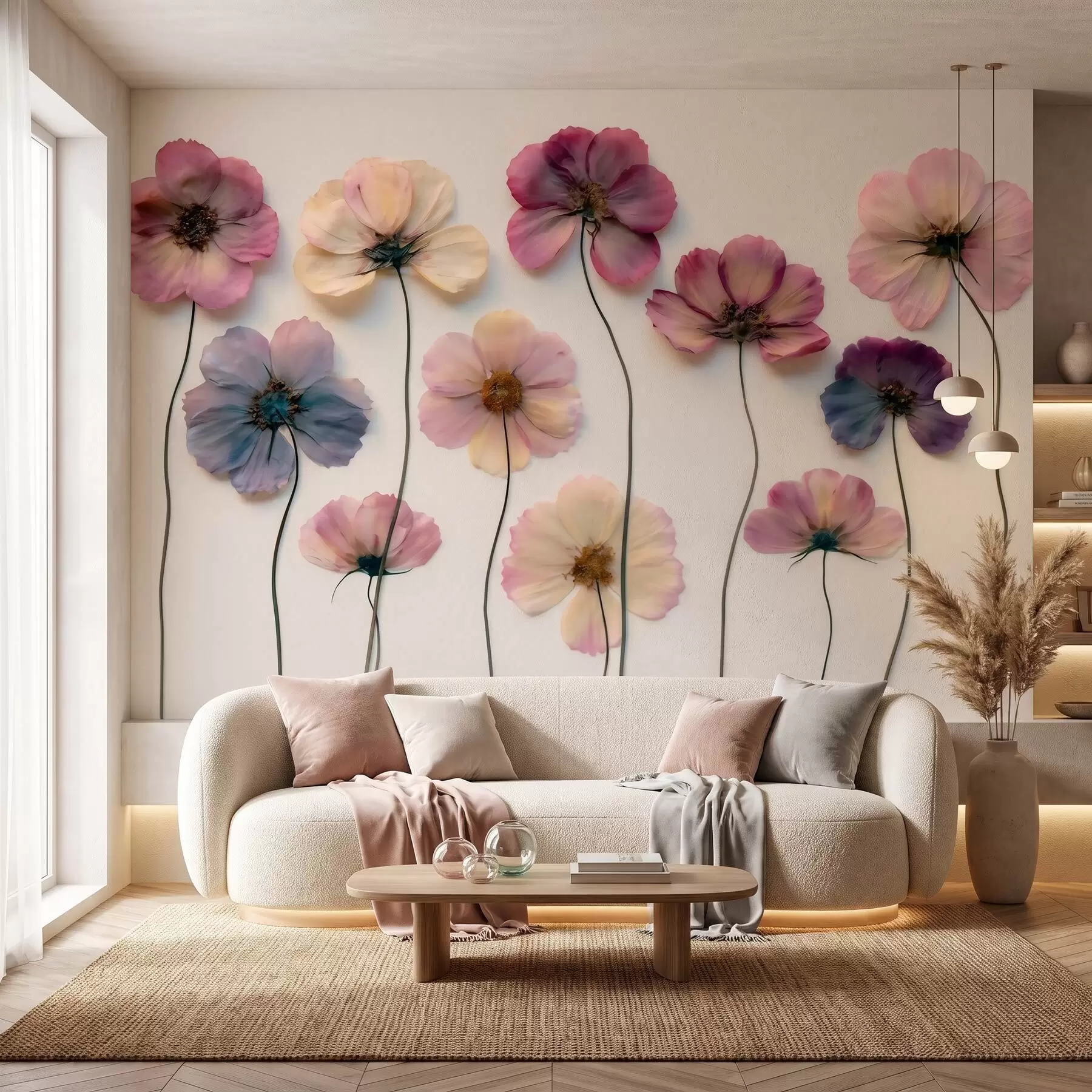Papier peint Composition d'herbier avec effet de fleurs pressées et texture en 3D w09911