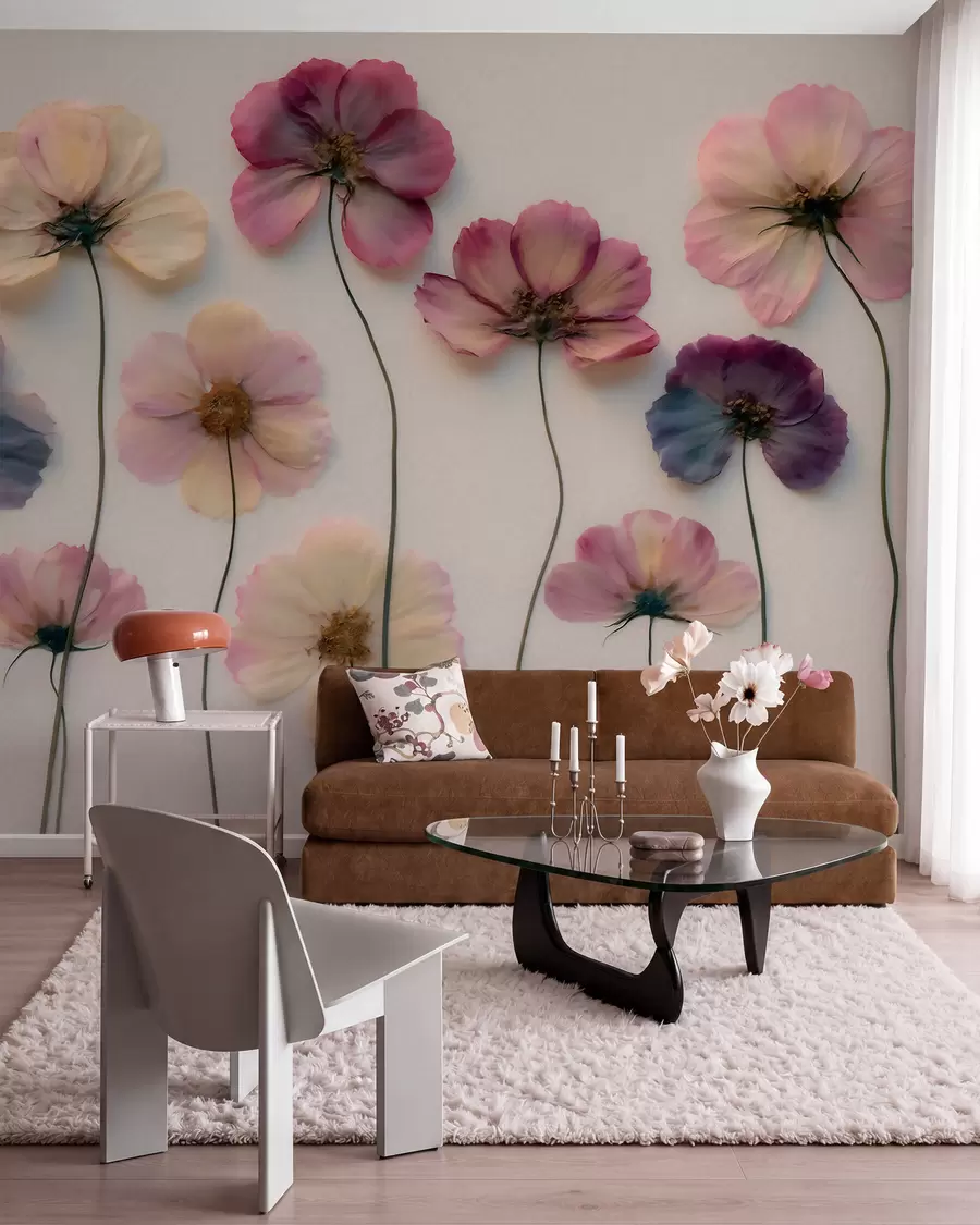 Papier peint Composition d'herbier avec effet de fleurs pressées et texture en 3D w09911