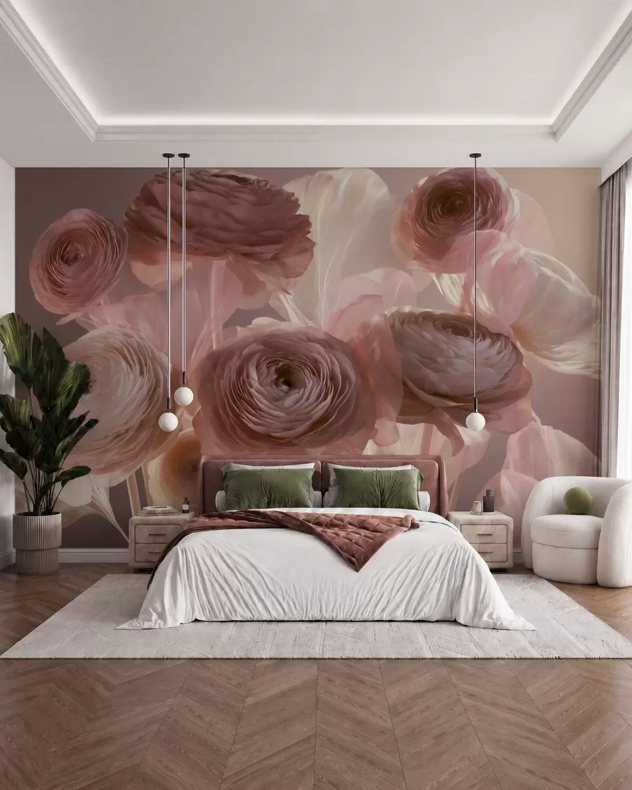 Papier peint Grandes fleurs de renoncule au style artistique, dans des tons de rose pâle et de crème w09921