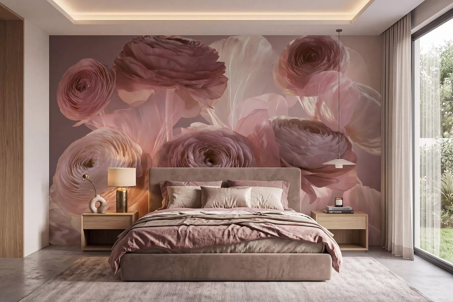 Papier peint Grandes fleurs de renoncule au style artistique, dans des tons de rose pâle et de crème w09921