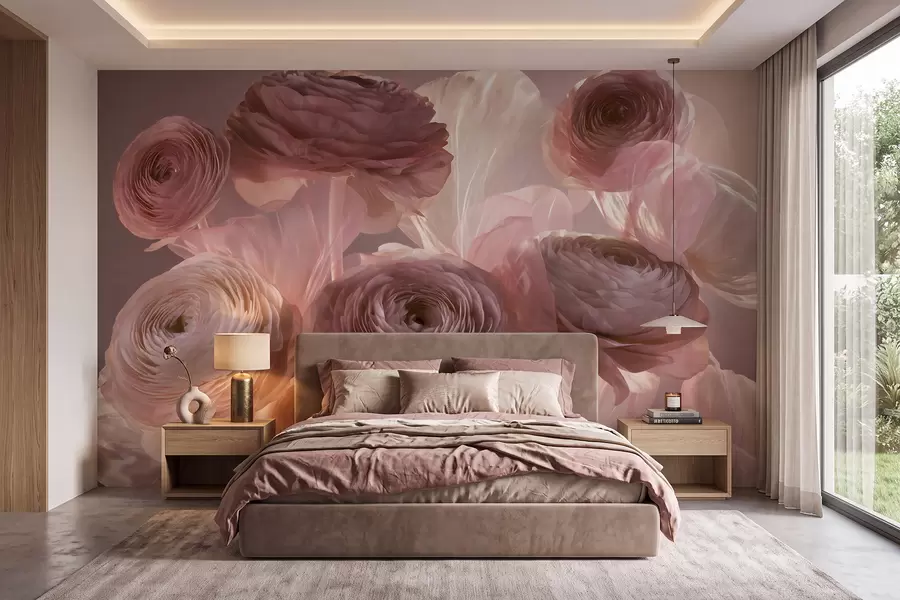 Papier peint Grandes fleurs de renoncule au style artistique, dans des tons de rose pâle et de crème w09921