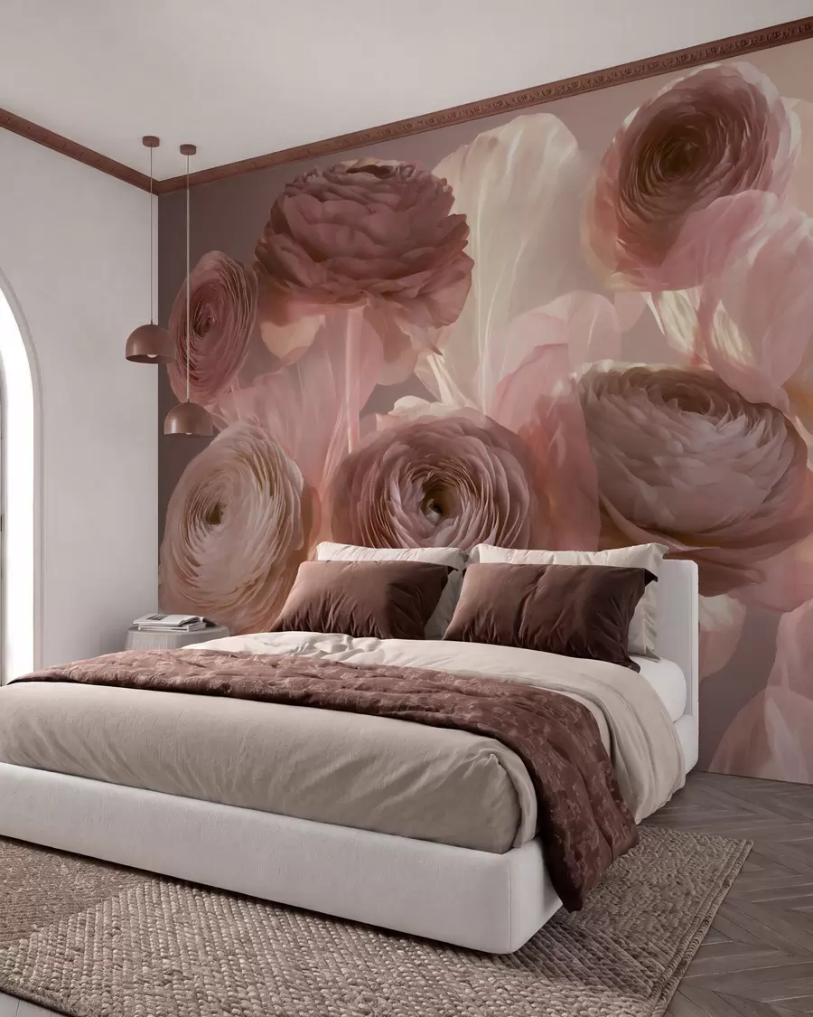 Papier peint Grandes fleurs de renoncule au style artistique, dans des tons de rose pâle et de crème w09921