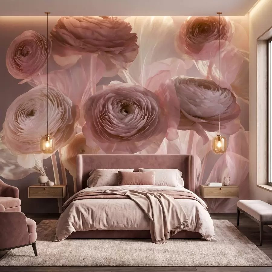 Papier peint Grandes fleurs de renoncule au style artistique, dans des tons de rose pâle et de crème w09921
