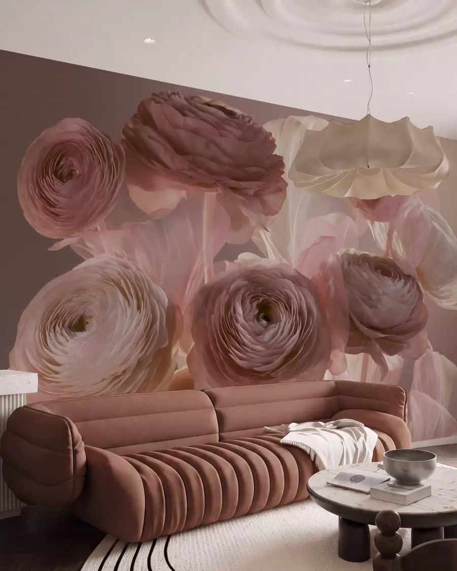 Papier peint Grandes fleurs de renoncule au style artistique, dans des tons de rose pâle et de crème w09921