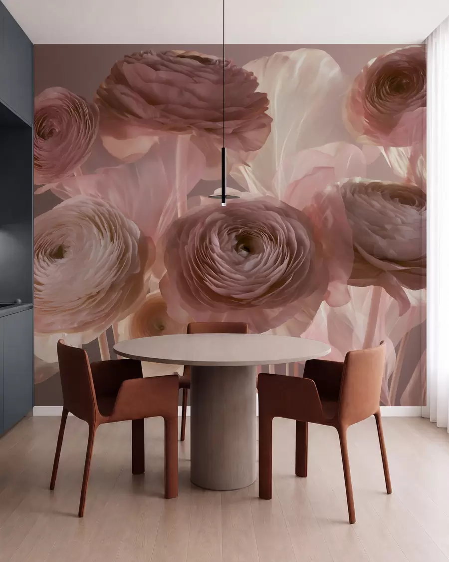 Papier peint Grandes fleurs de renoncule au style artistique, dans des tons de rose pâle et de crème w09921