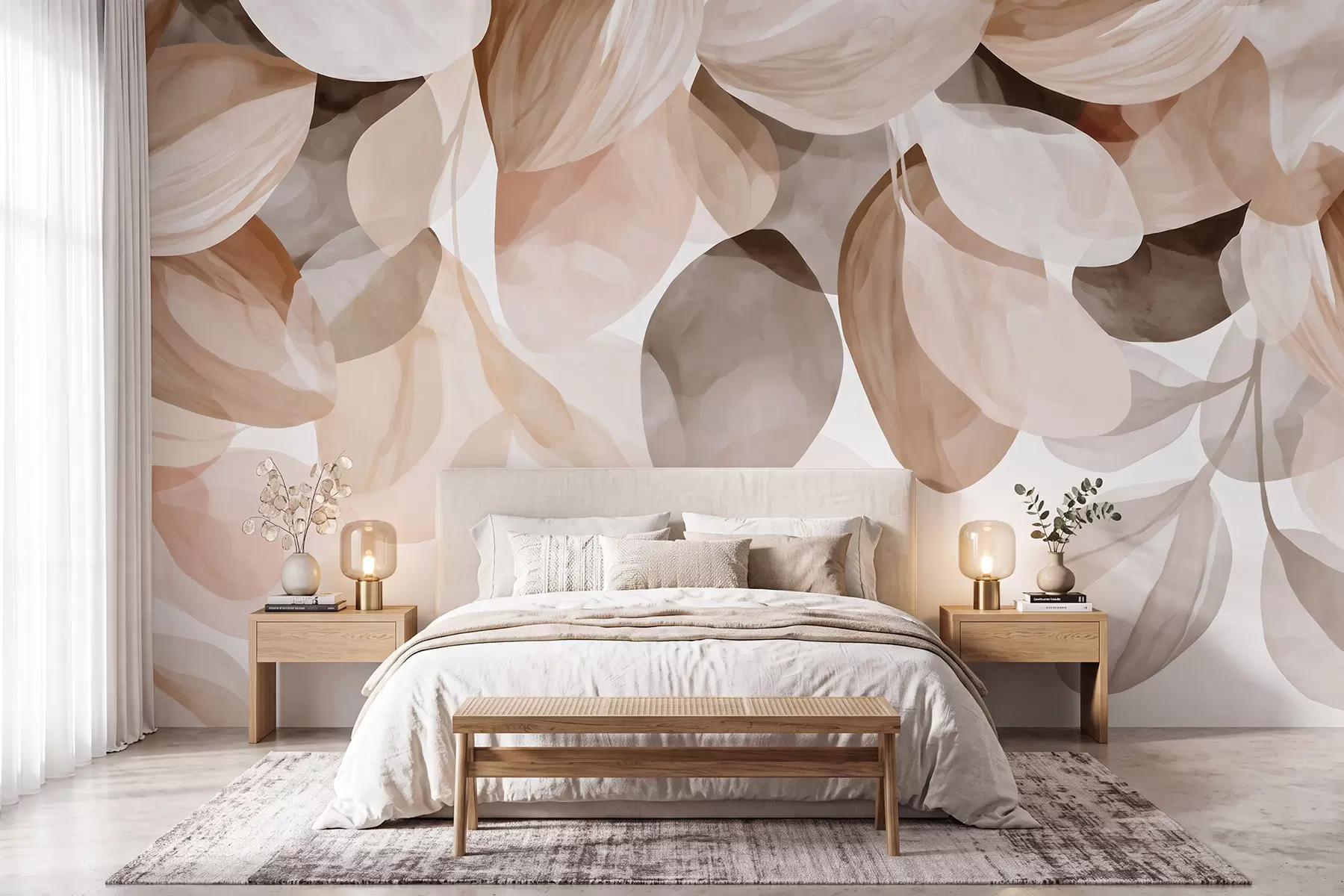 Papier peint Feuilles suspendues de couleur beige, style aquarelle w09923