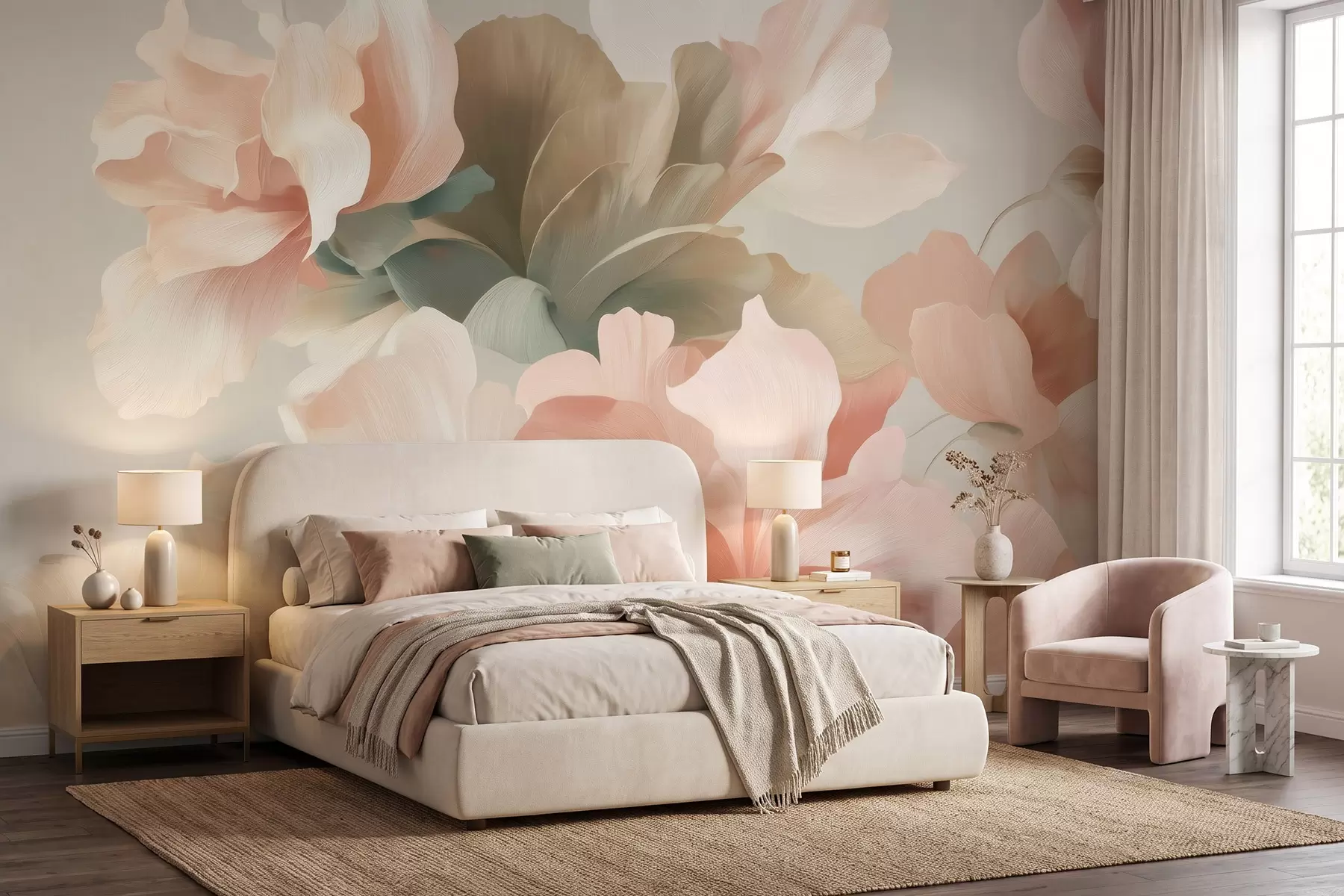 Papier peint De grandes fleurs stylisées dans des tons pastel délicats de crème, de rose et de vert w09935