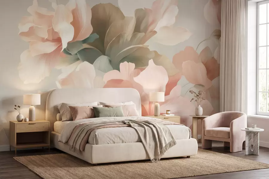 Papier peint De grandes fleurs stylisées dans des tons pastel délicats de crème, de rose et de vert w09935