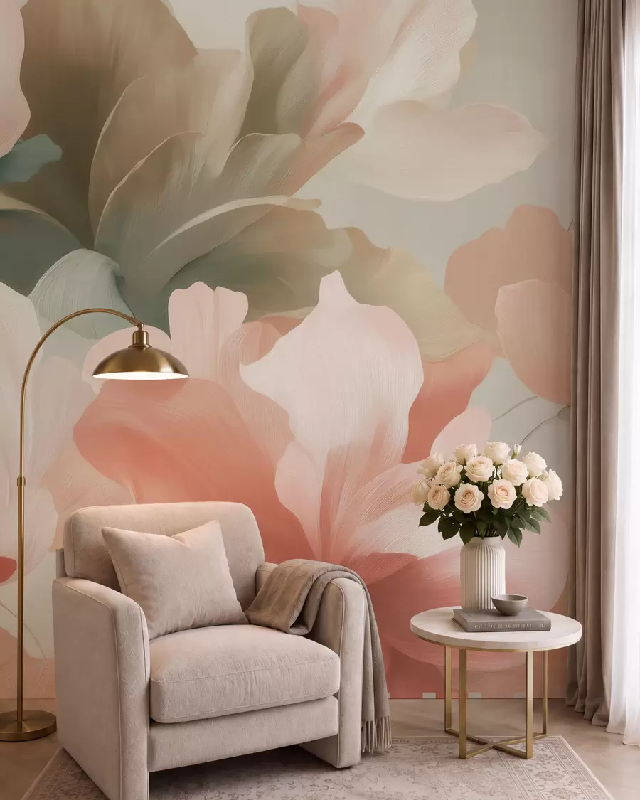 Papier peint De grandes fleurs stylisées dans des tons pastel délicats de crème, de rose et de vert w09935