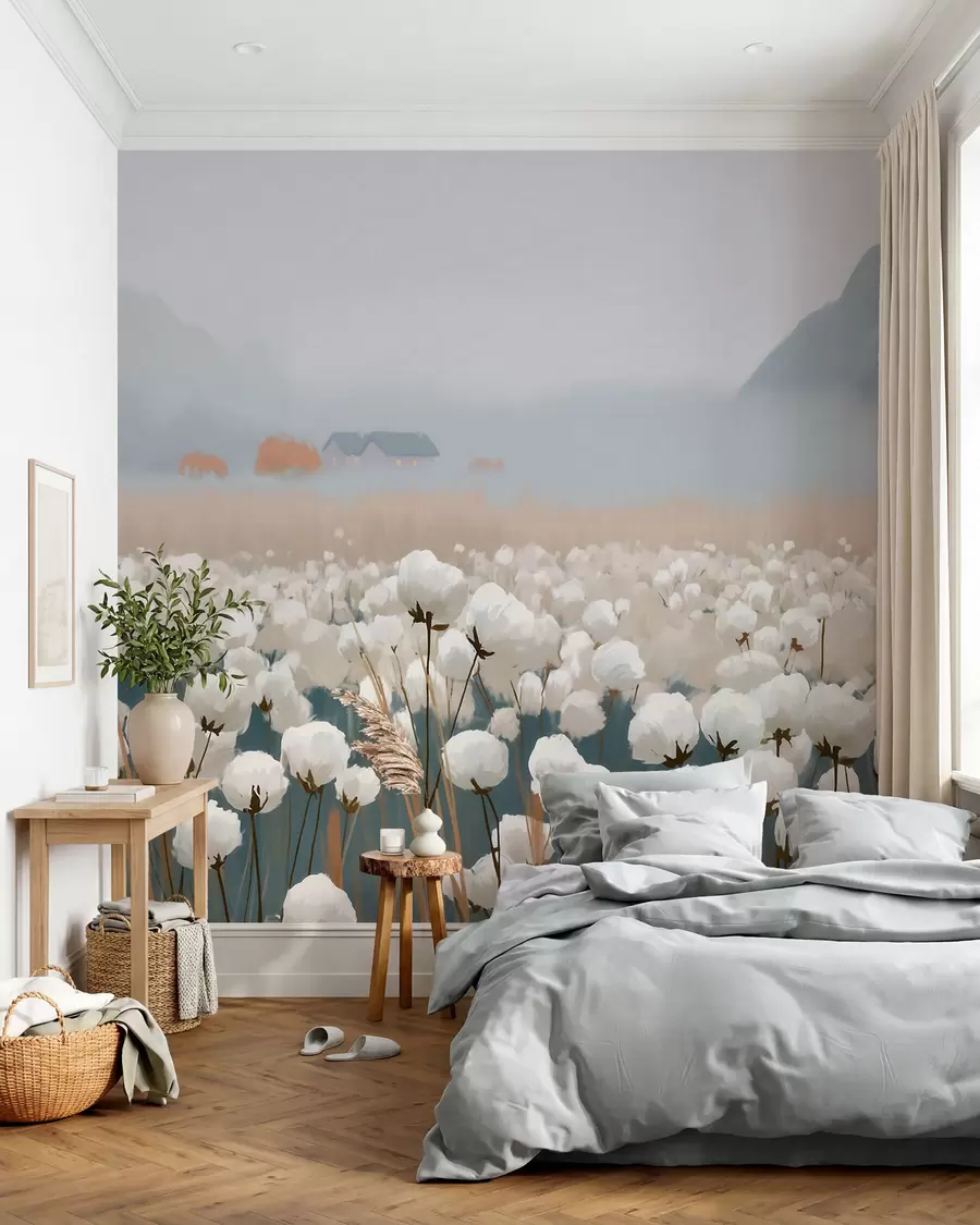Papier peint Champ de coton dans un paysage brumeux du Nord, style pictural w09934