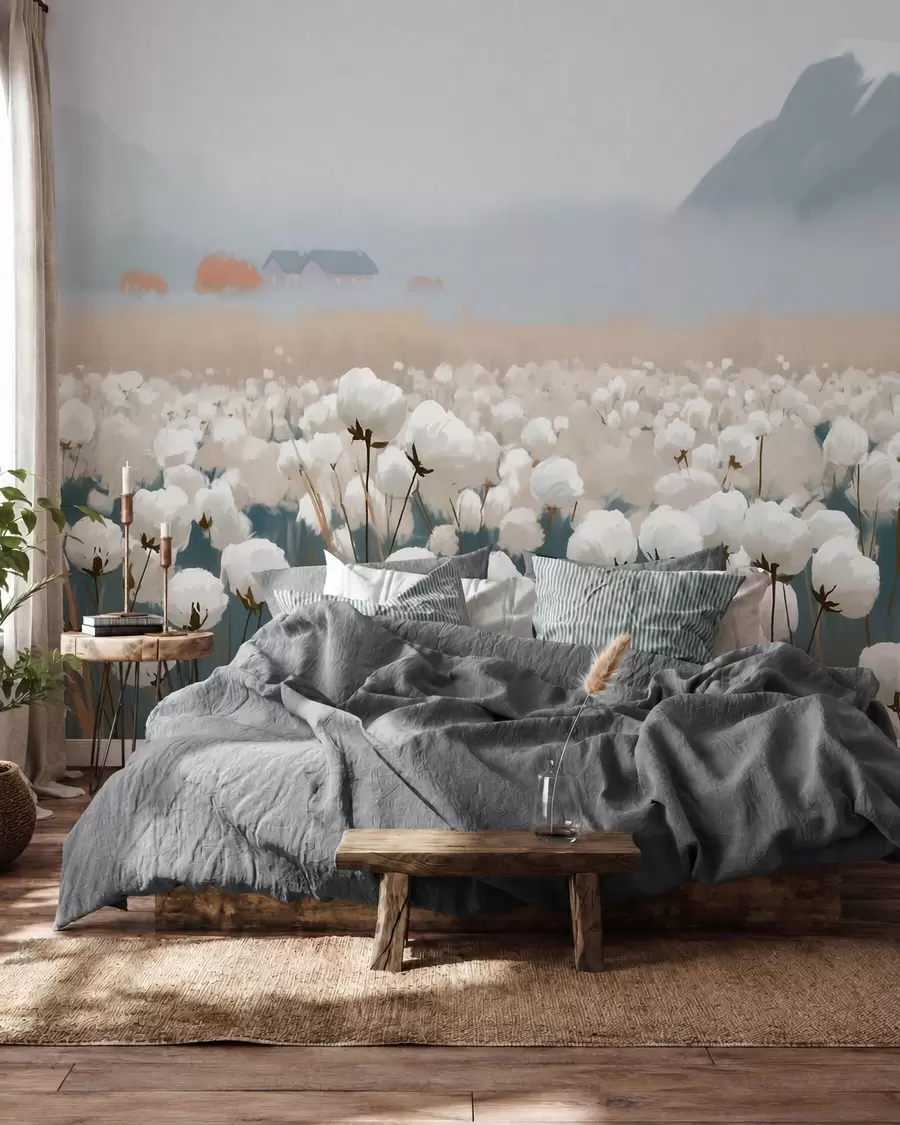 Papier peint Champ de coton dans un paysage brumeux du Nord, style pictural w09934